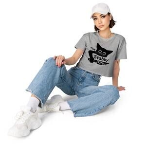The Stabby Kitty® Soft Cotton Gray and Black Logo Relaxed Drop Shoulder Crop L